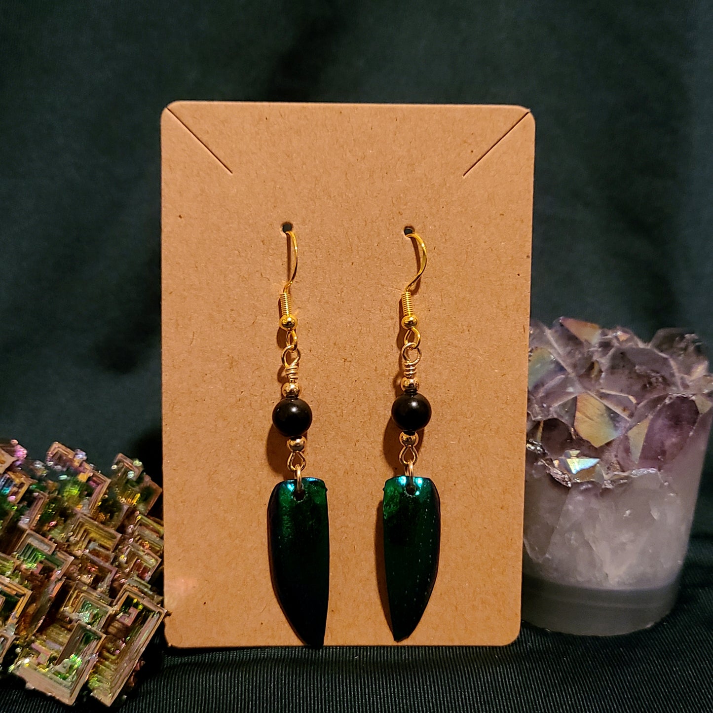 Jewel Beetle and Obsidian Earrings