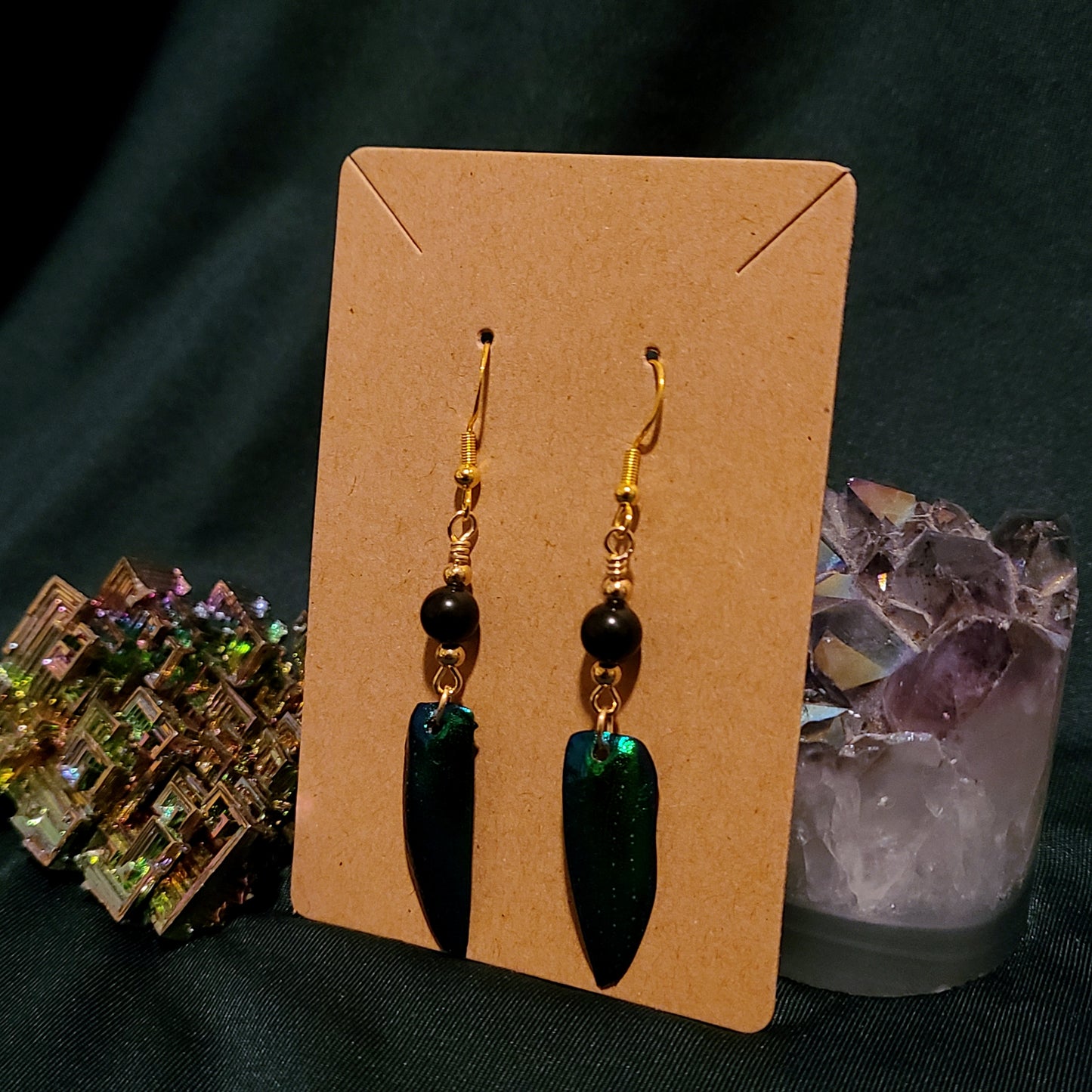 Jewel Beetle and Obsidian Earrings