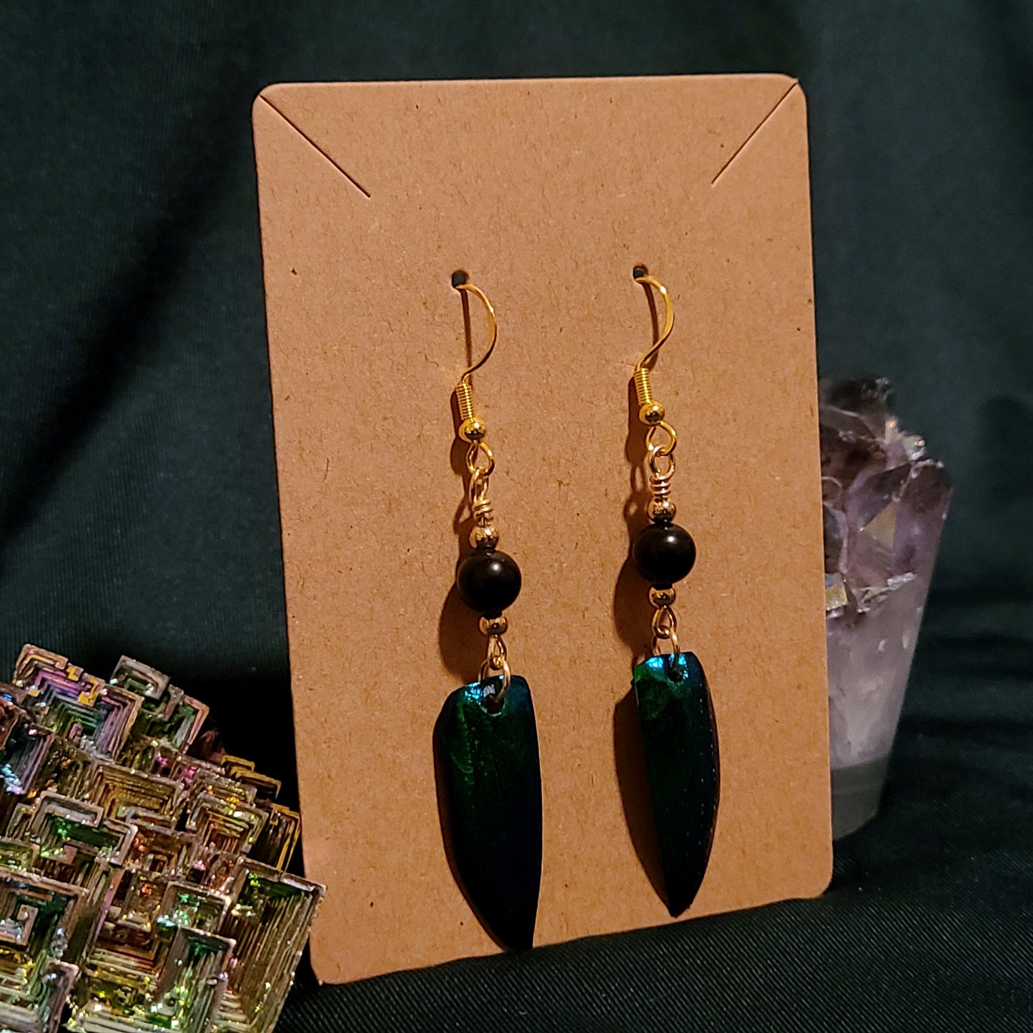Jewel Beetle and Obsidian Earrings