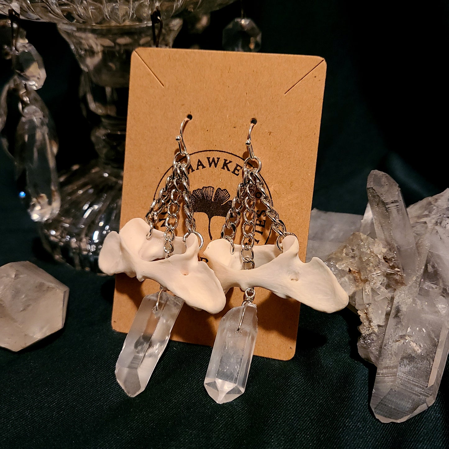 Raccoon Atlas and Quartz Dangle Earrings
