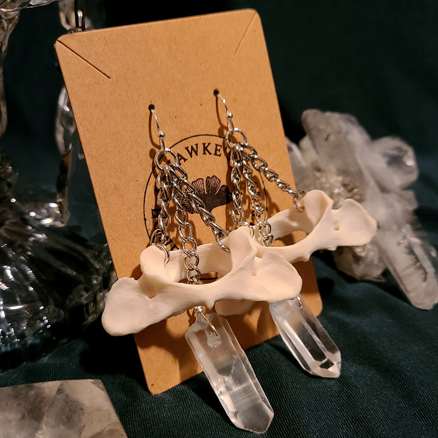 Raccoon Atlas and Quartz Dangle Earrings
