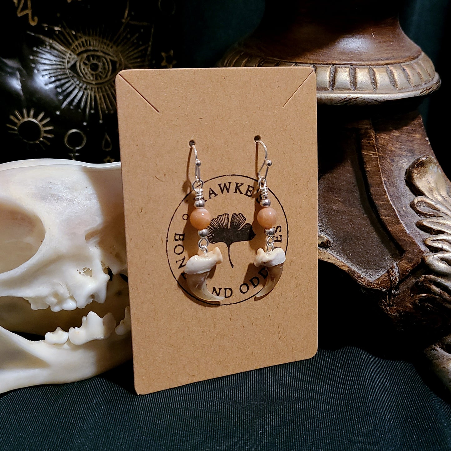 Bobcat Claw and Sunstone Dangle Earrings