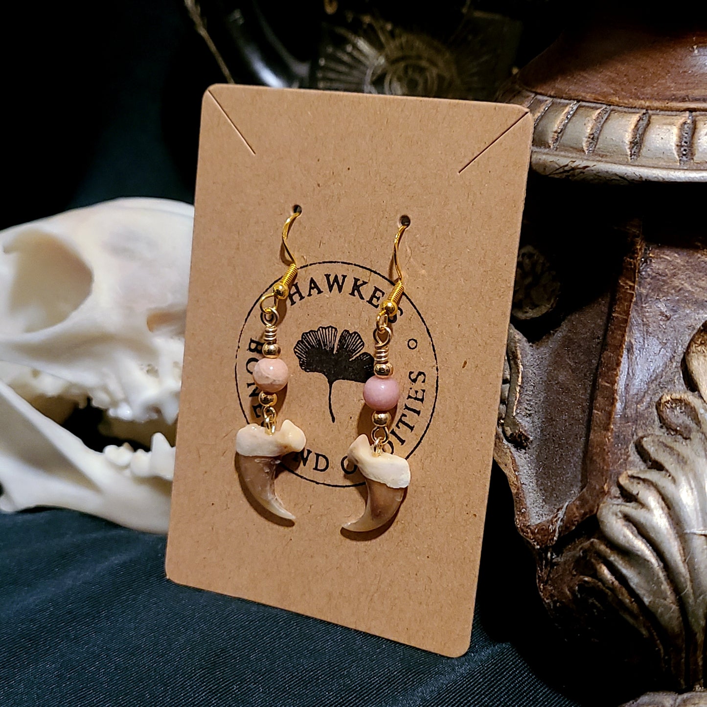 Bobcat Claw and Sunstone Dangle Earrings