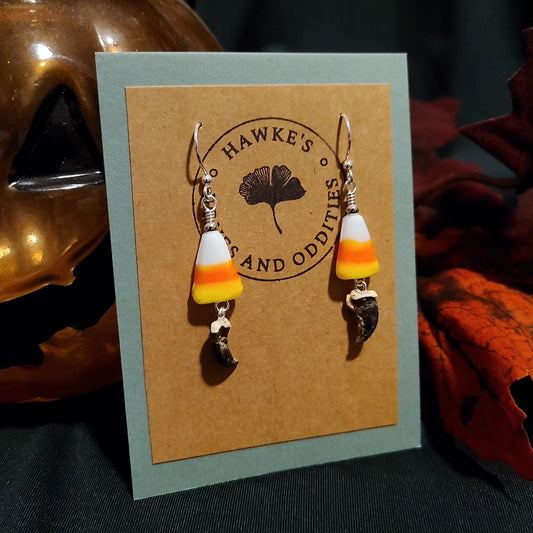 Raccoon Claw and Candy Corn Dangle Earrings