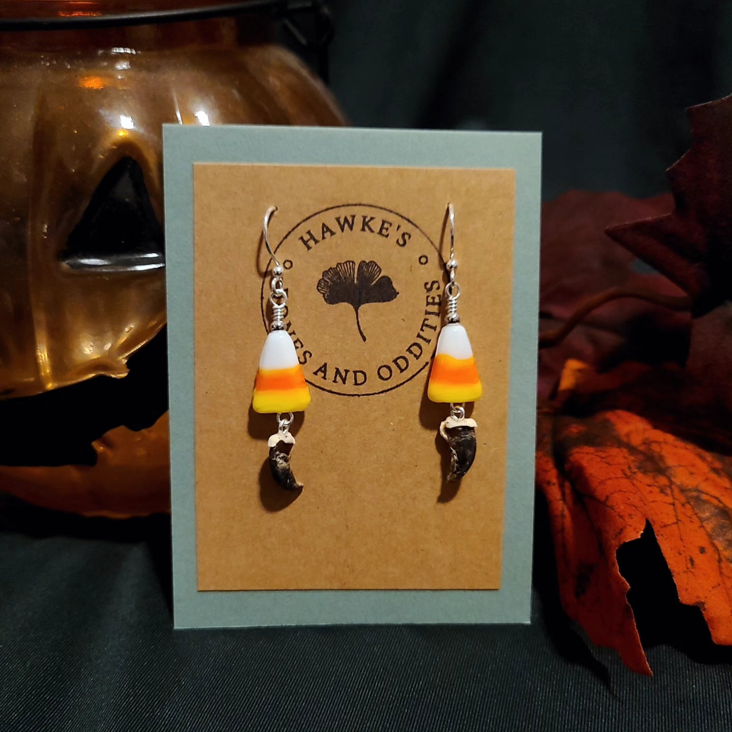 Raccoon Claw and Candy Corn Dangle Earrings