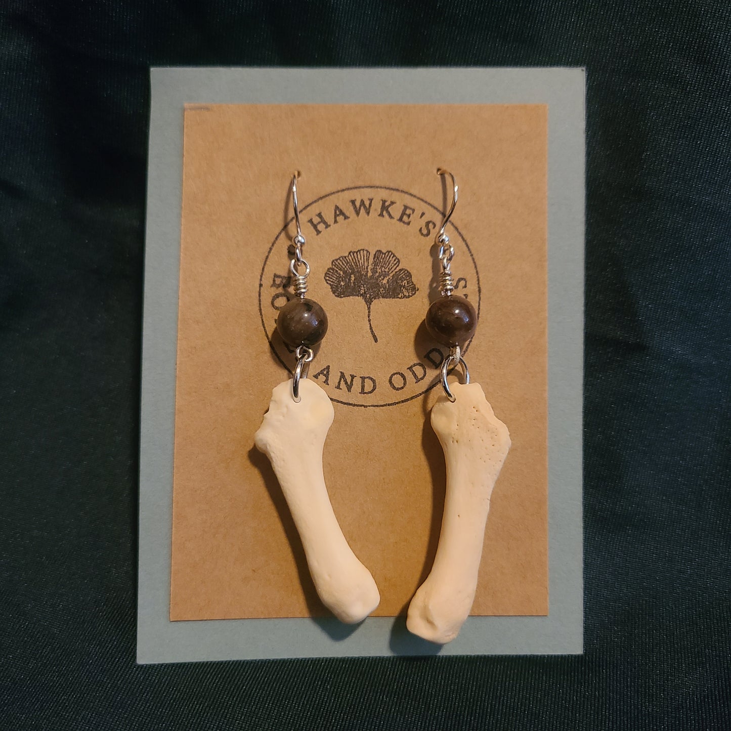 Beaver Toe Bone and Petrified Wood Dangle Earrings