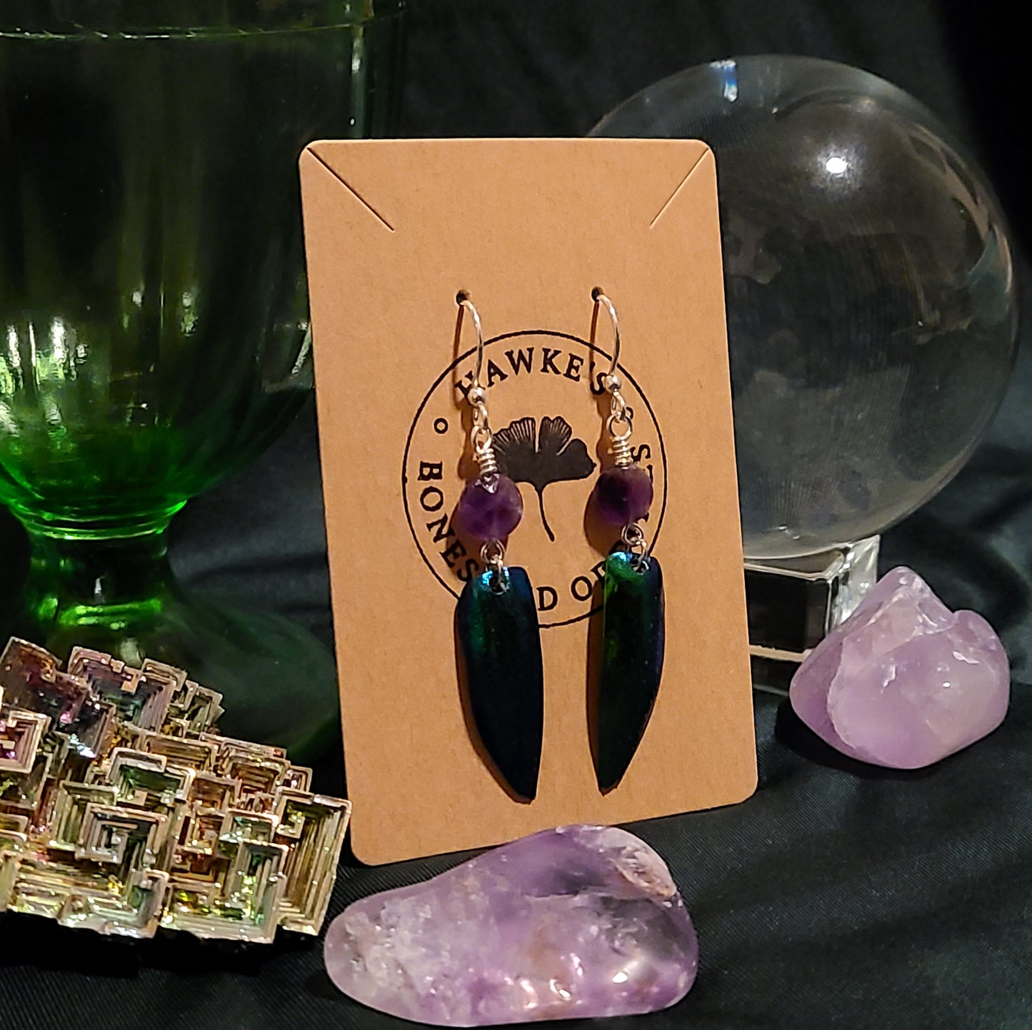 Jewel Beetle Wing and Amethyst Earrings