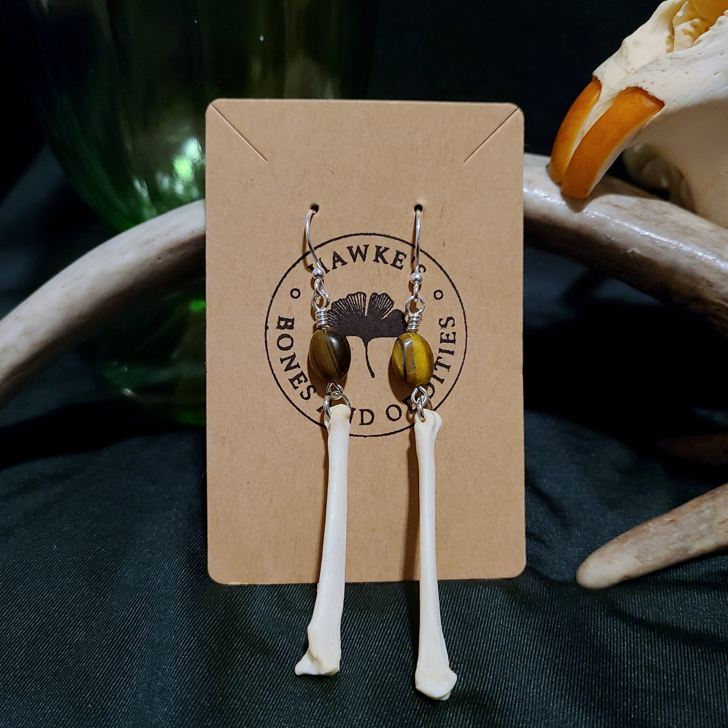 Fox Bone and Tigers Eye Dangle Earrings