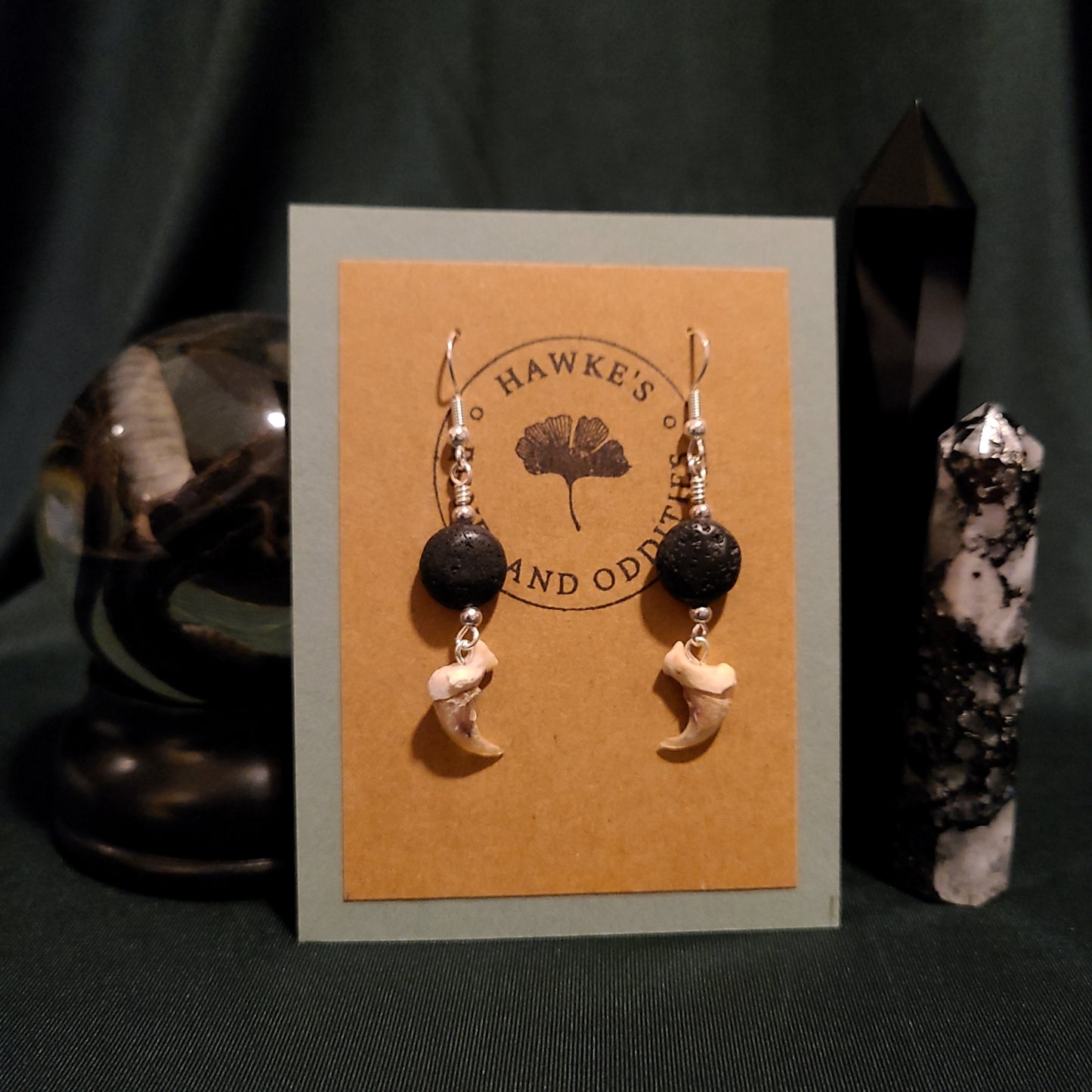 Bobcat Claw and Lava Rock Dangle Earrings
