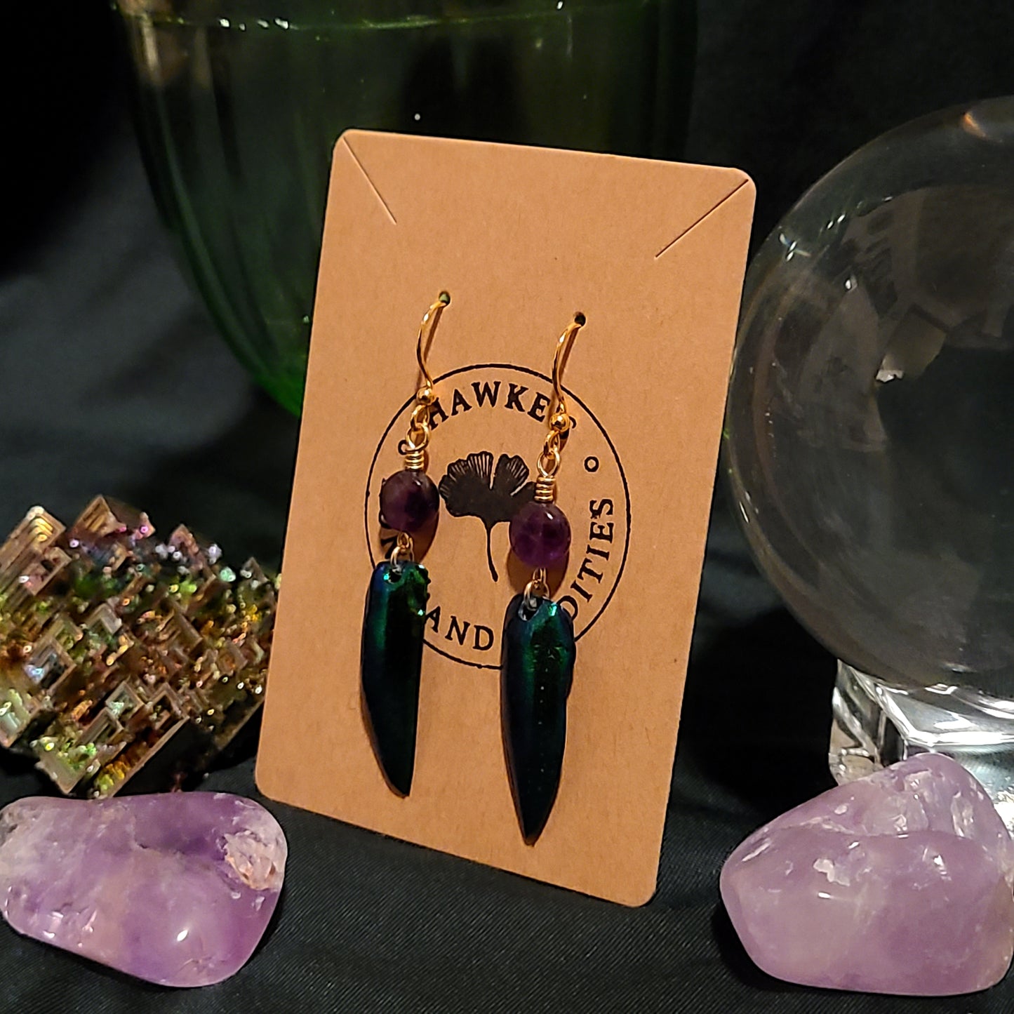 Jewel Beetle Wing and Amethyst Earrings
