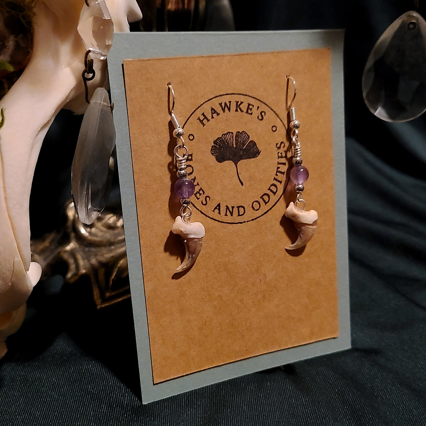 Bobcat Claw and Amethyst Dangle Earrings