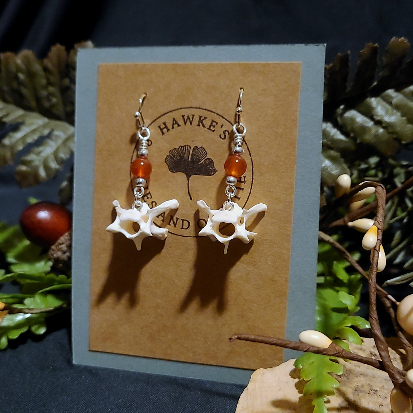 Mink Vertebrae and Carnelian Dangle Earrings
