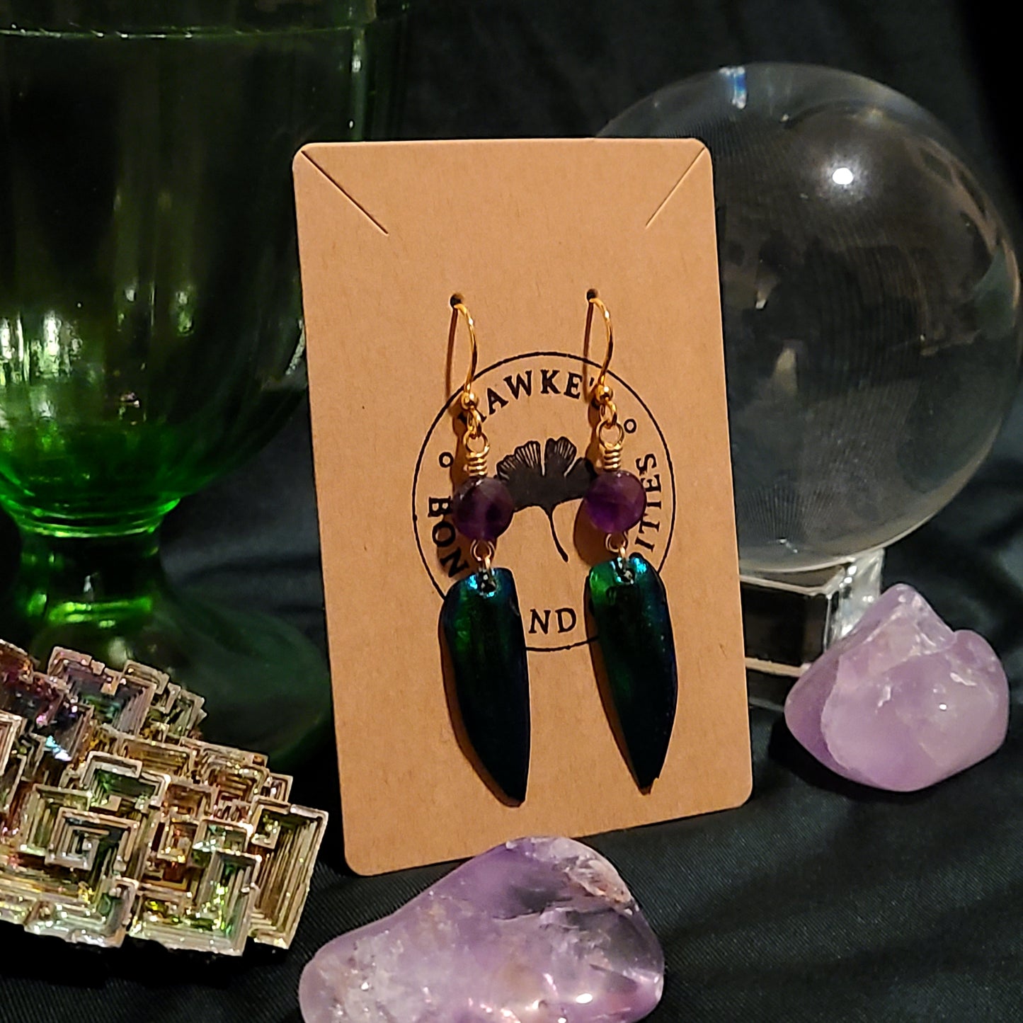 Jewel Beetle Wing and Amethyst Earrings