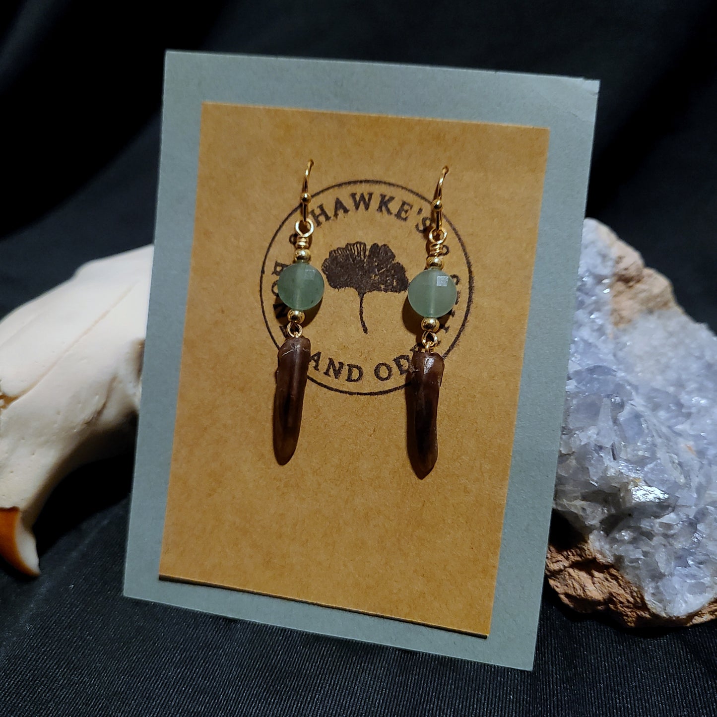 Beaver Claw and Aventurine Dangle Earrings