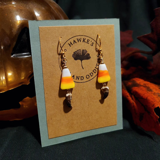 Raccoon Claw and Candy Corn Dangle Earrings