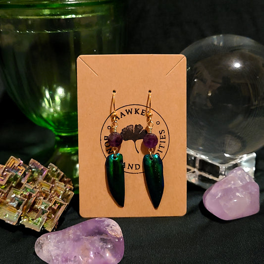 Jewel Beetle Wing and Amethyst Earrings