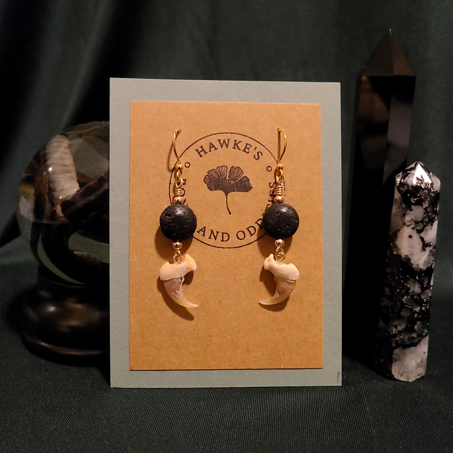 Bobcat Claw and Lava Rock Dangle Earrings