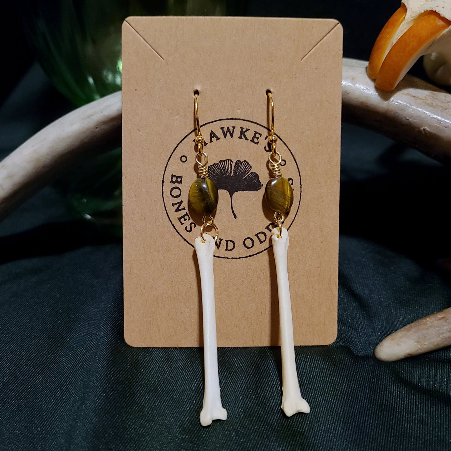 Fox Bone and Tigers Eye Dangle Earrings