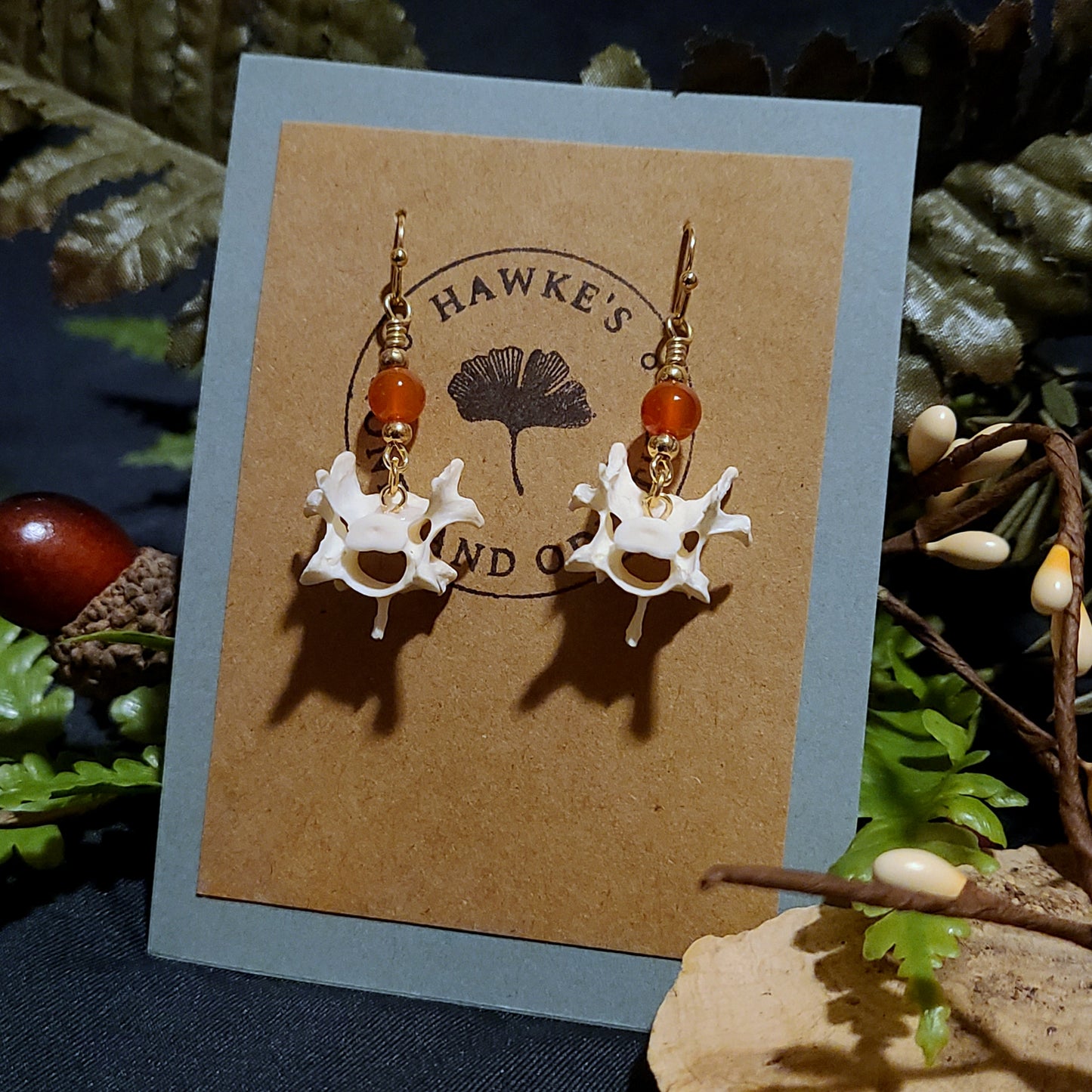 Mink Vertebrae and Carnelian Dangle Earrings