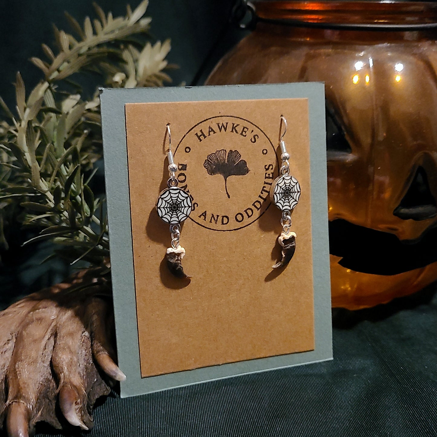 Raccoon Claw and Spider Web Dangle Earrings