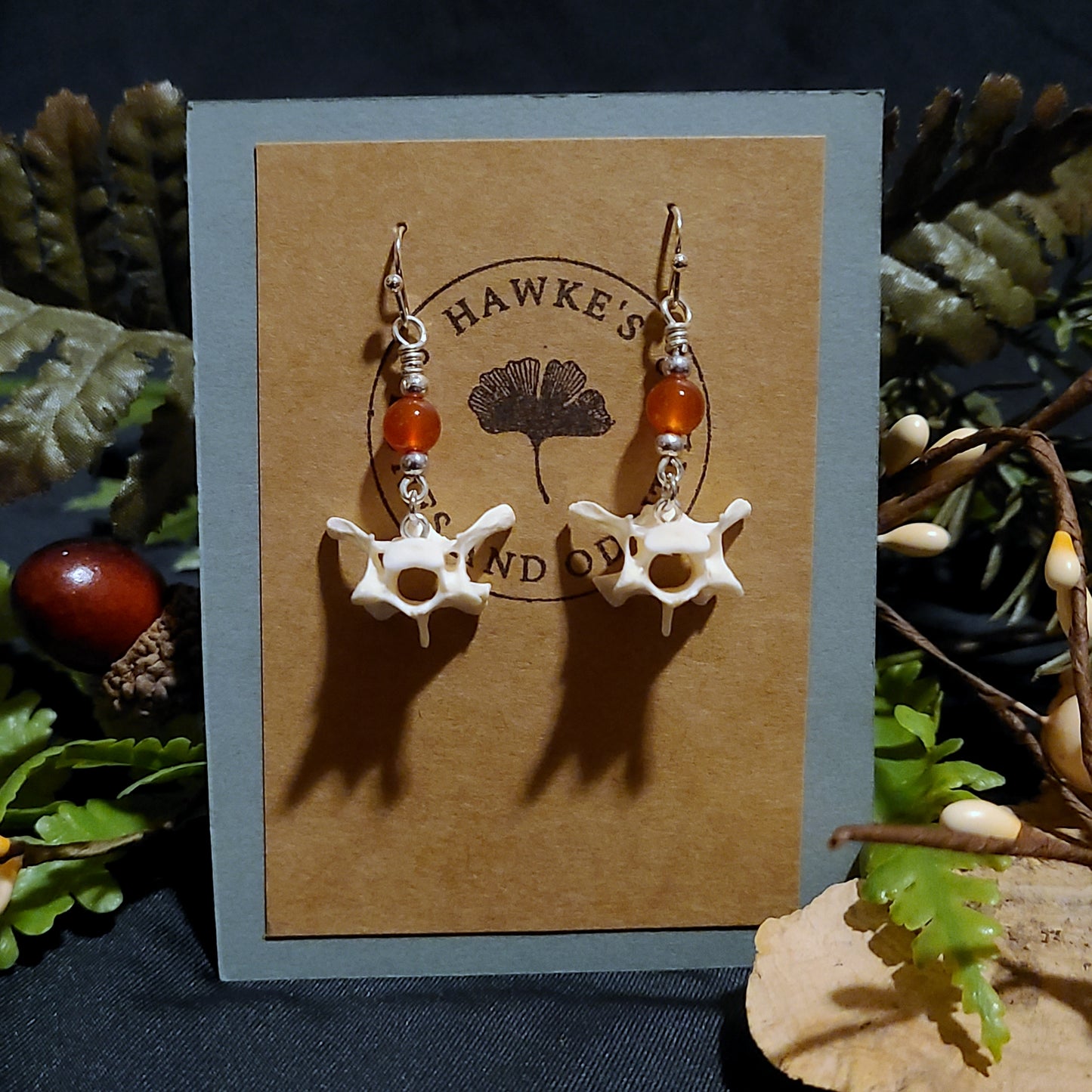 Mink Vertebrae and Carnelian Dangle Earrings