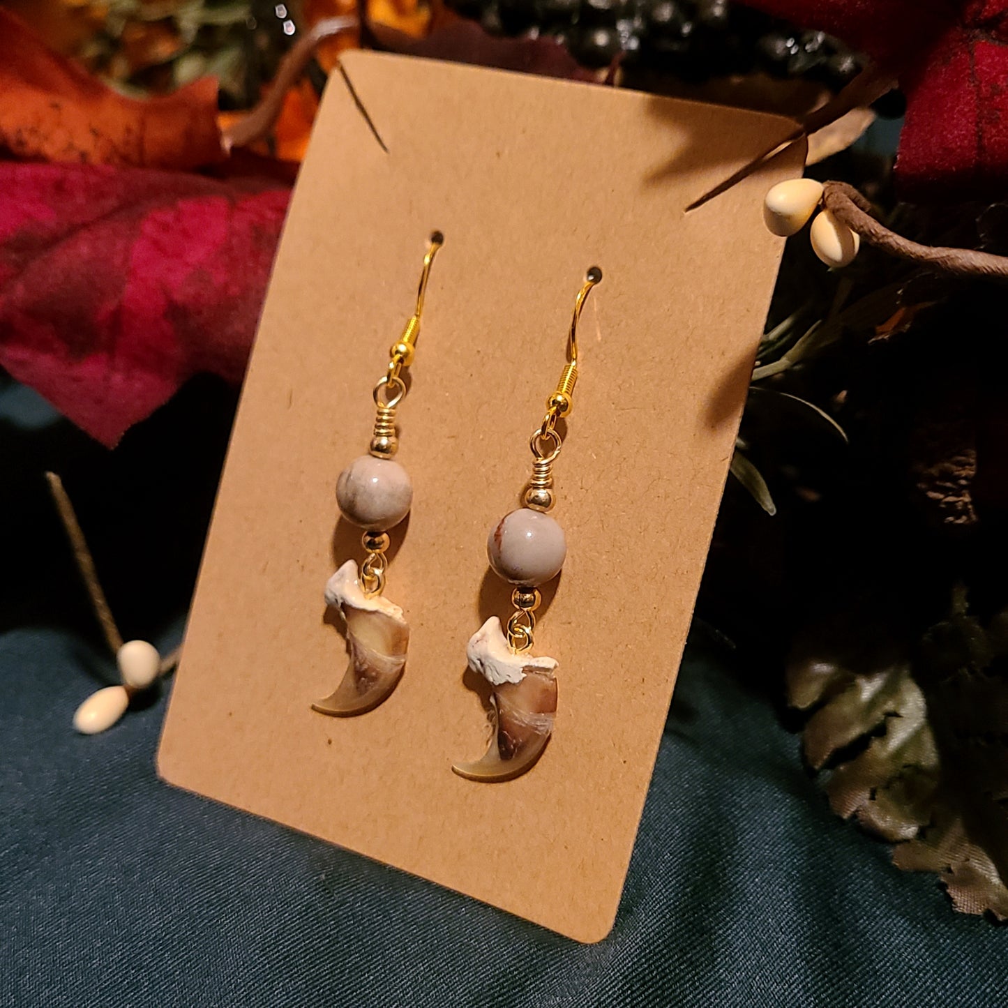 Bobcat Claws and Petrified Wood Earrings