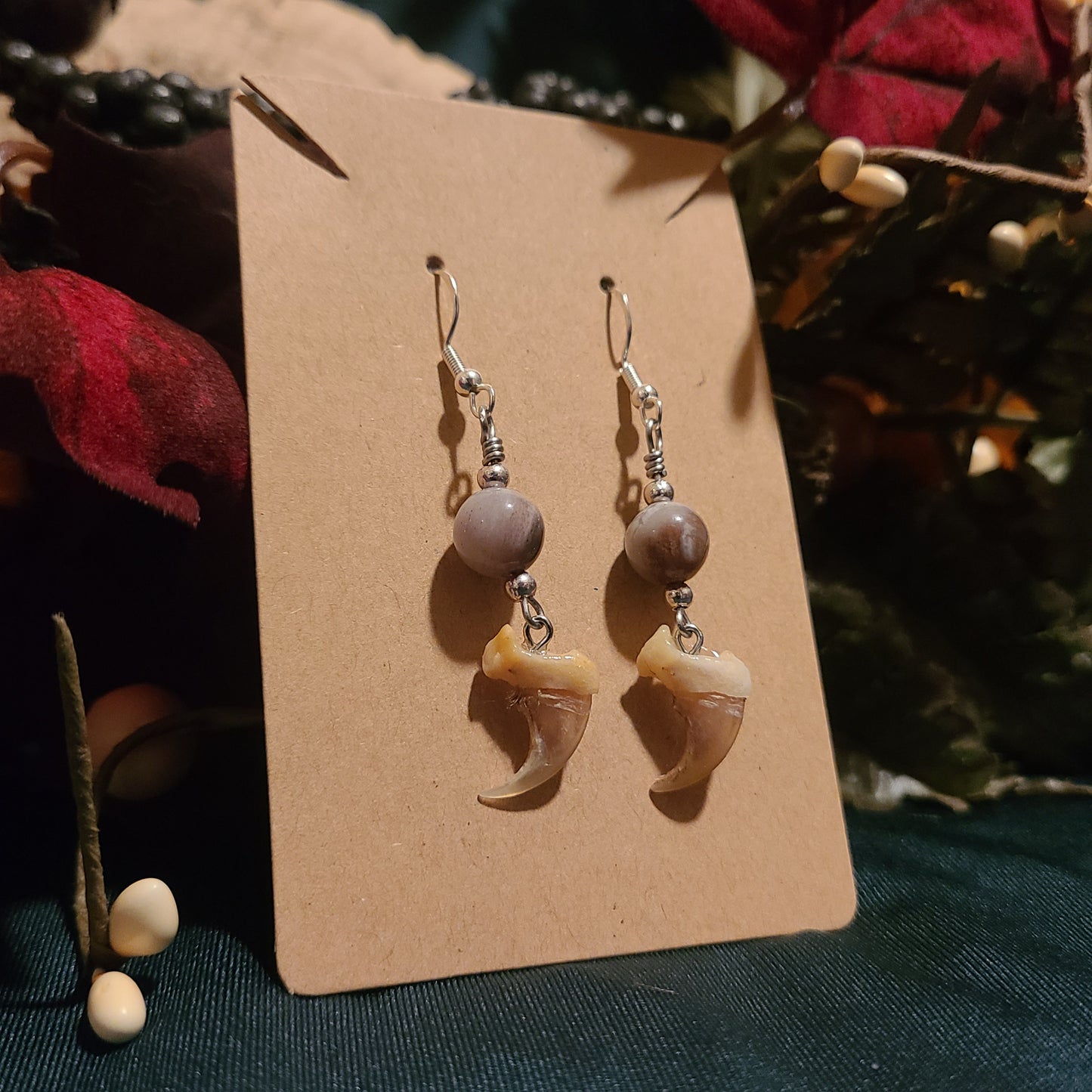 Bobcat Claws and Petrified Wood Earrings