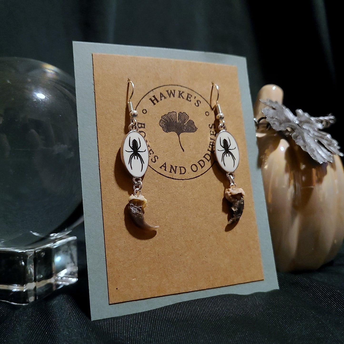 Raccoon Claw and Spider Dangle Earrings