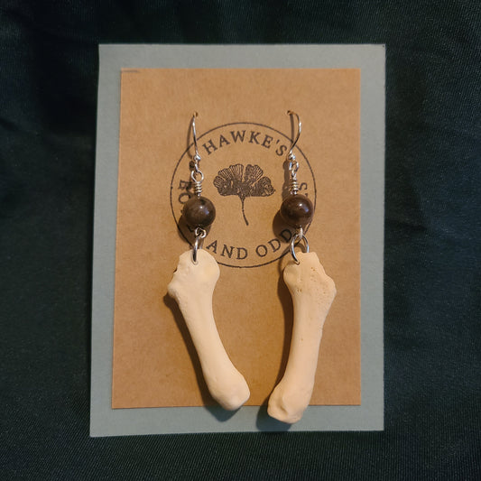 Beaver Toe Bone and Petrified Wood Dangle Earrings
