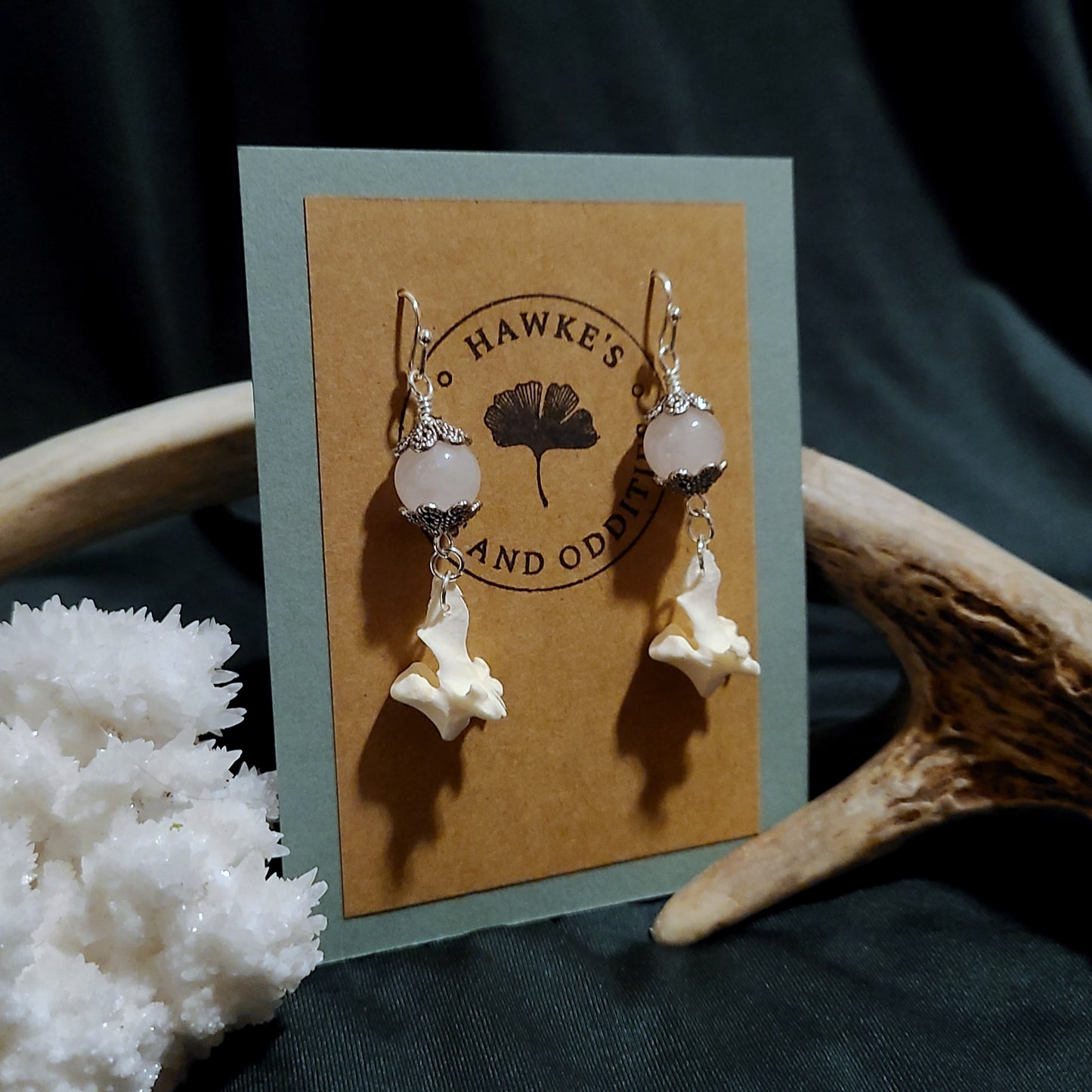 Mink Vertebrae and Rose Quartz Dangle Earrings