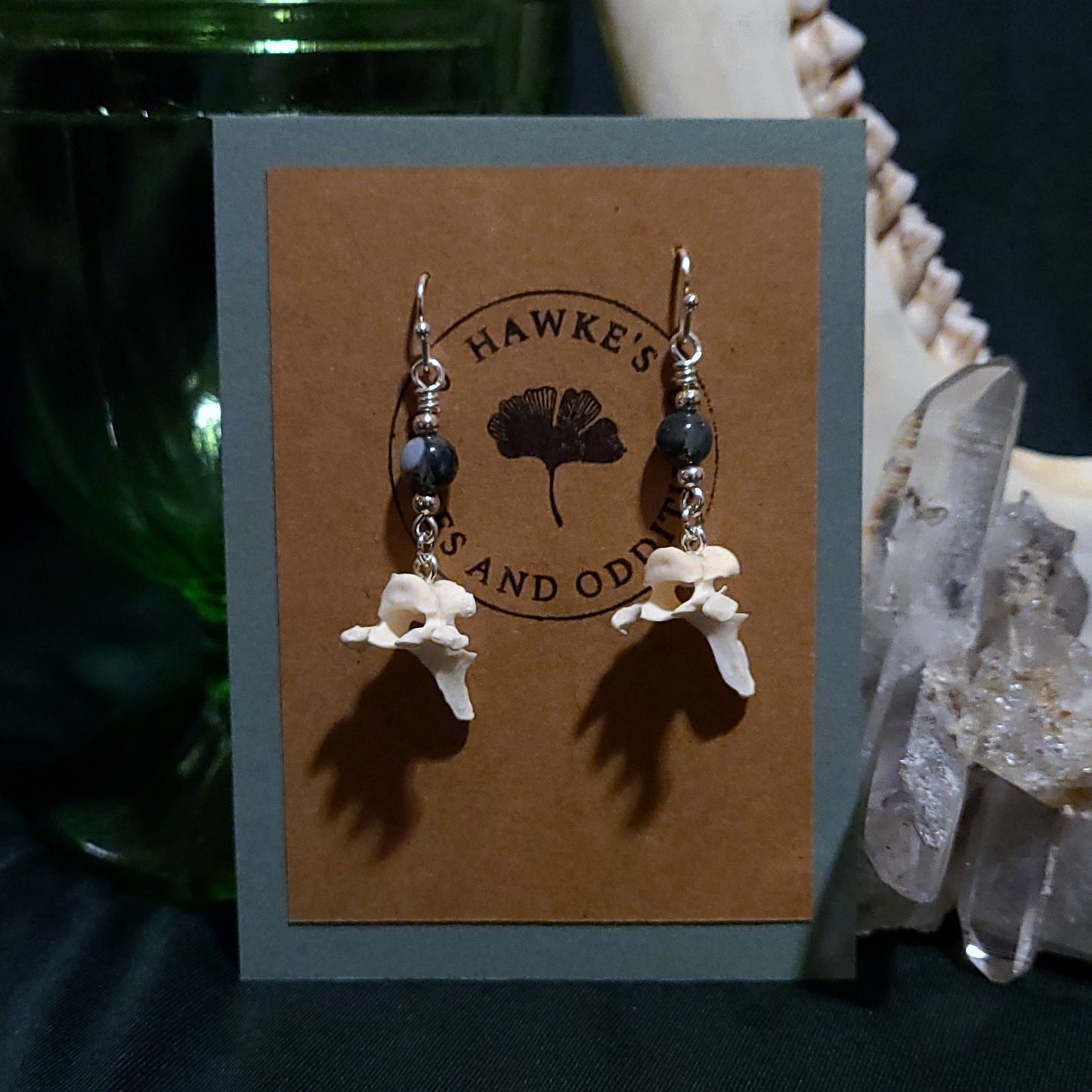 Mink Vertebrae and Moss Agate Dangle Earrings