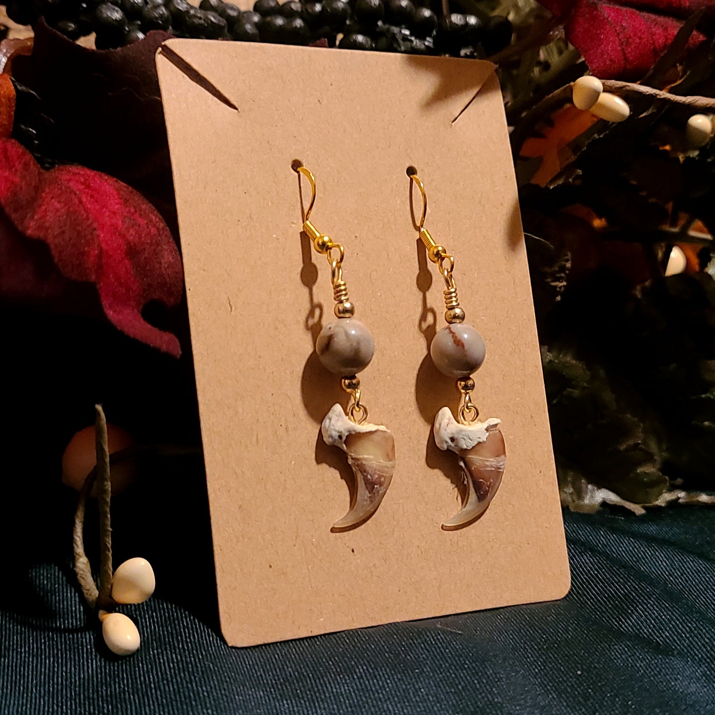 Bobcat Claws and Petrified Wood Earrings