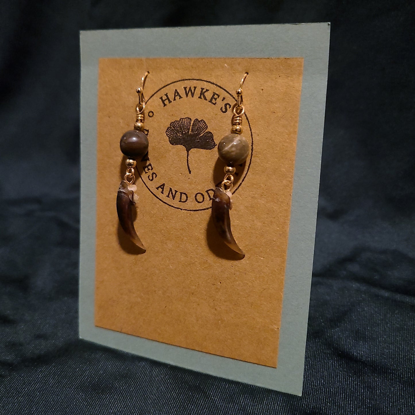 Beaver Claw and Petrified Wood Earrings