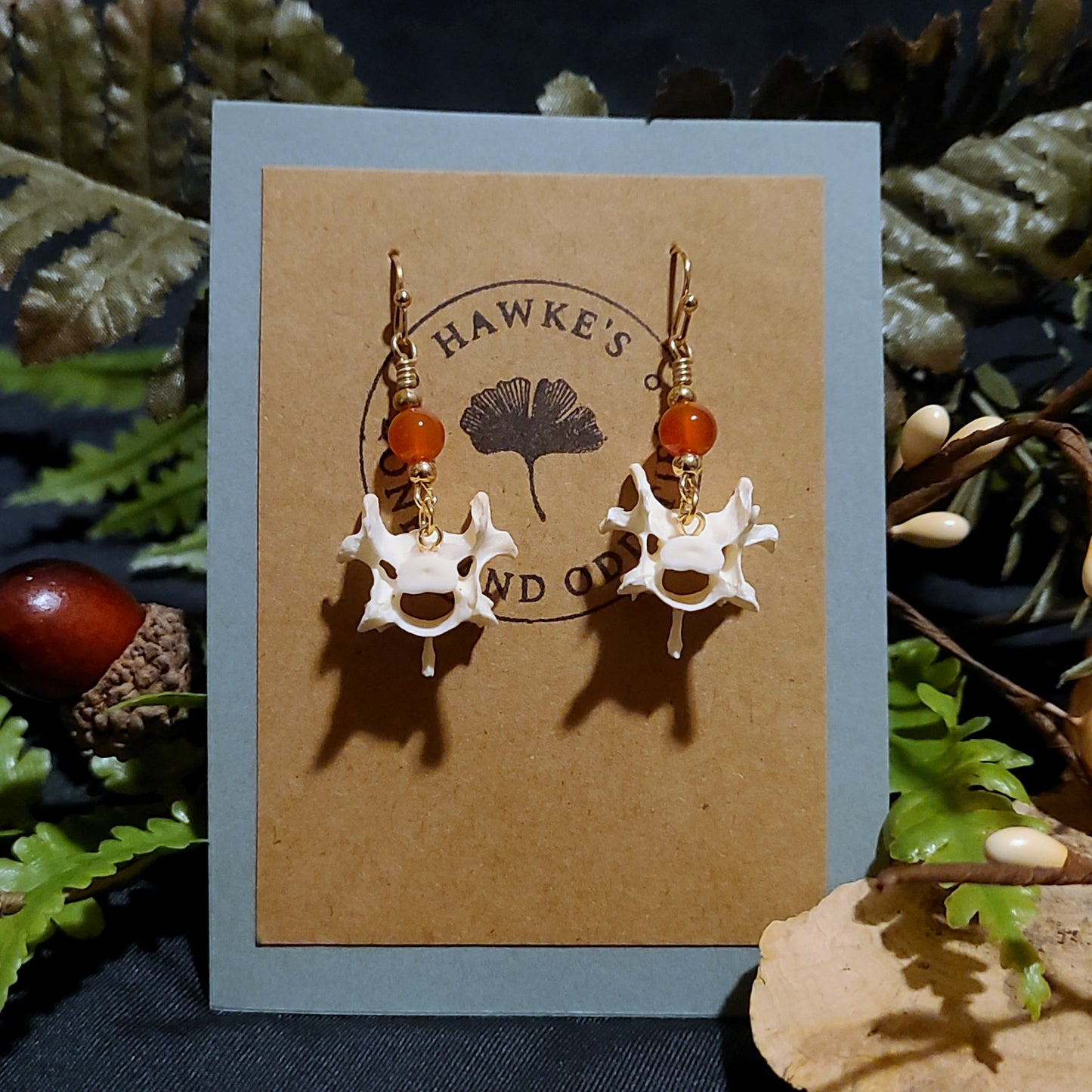 Mink Vertebrae and Carnelian Dangle Earrings