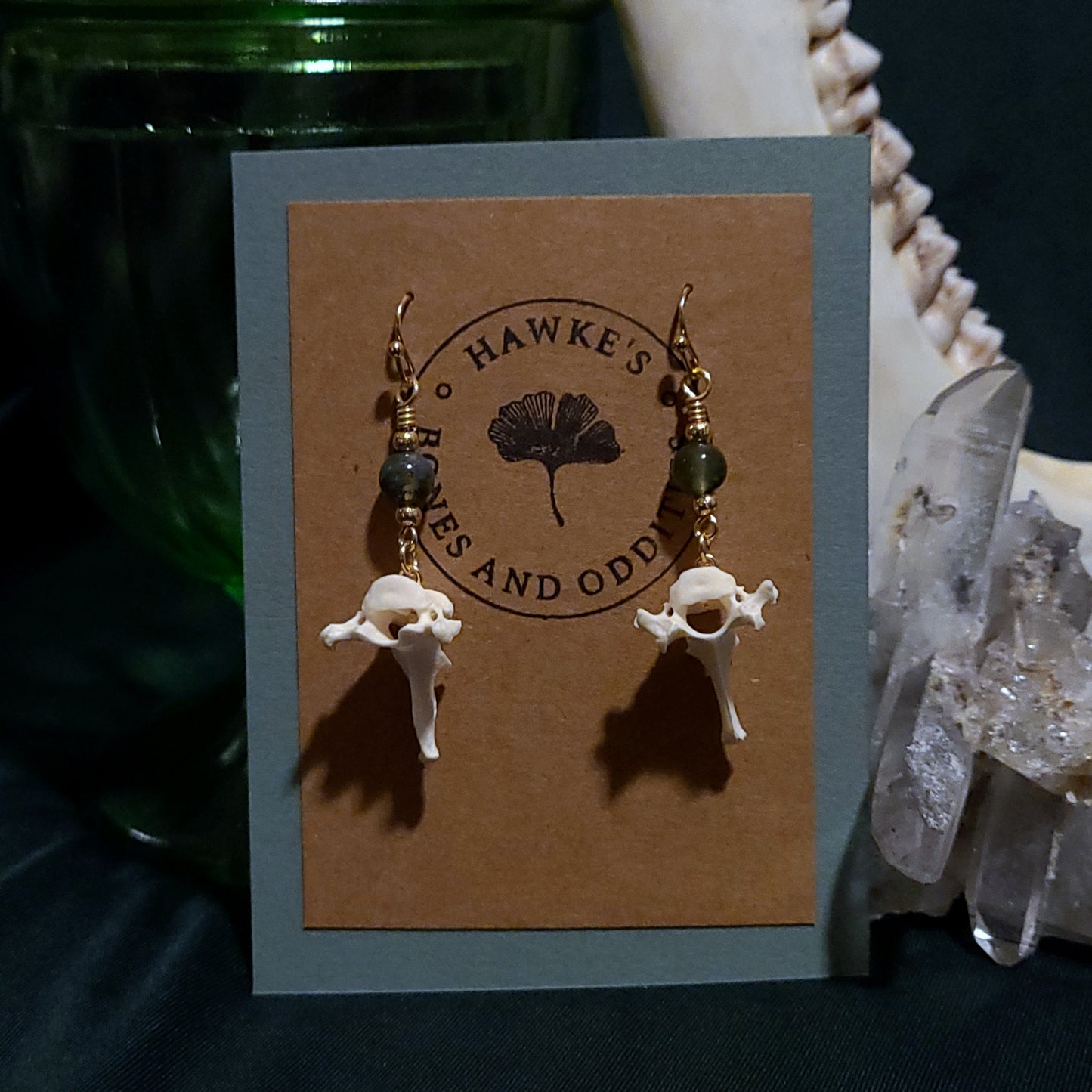 Mink Vertebrae and Moss Agate Dangle Earrings