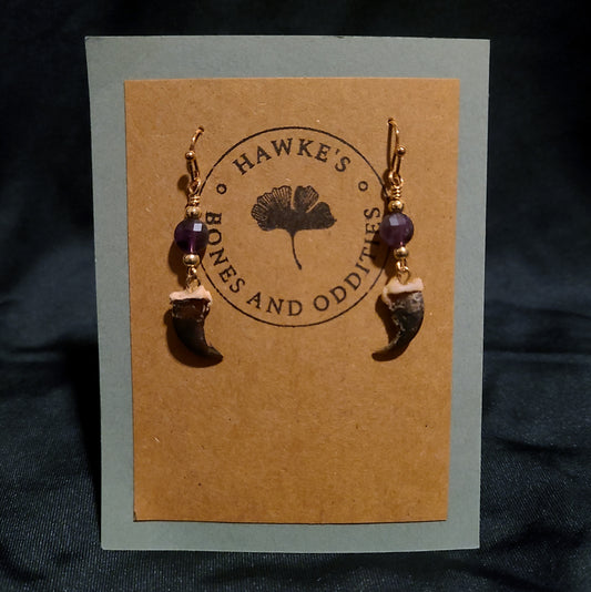 Raccoon Claw and Amethyst Dangle Earrings