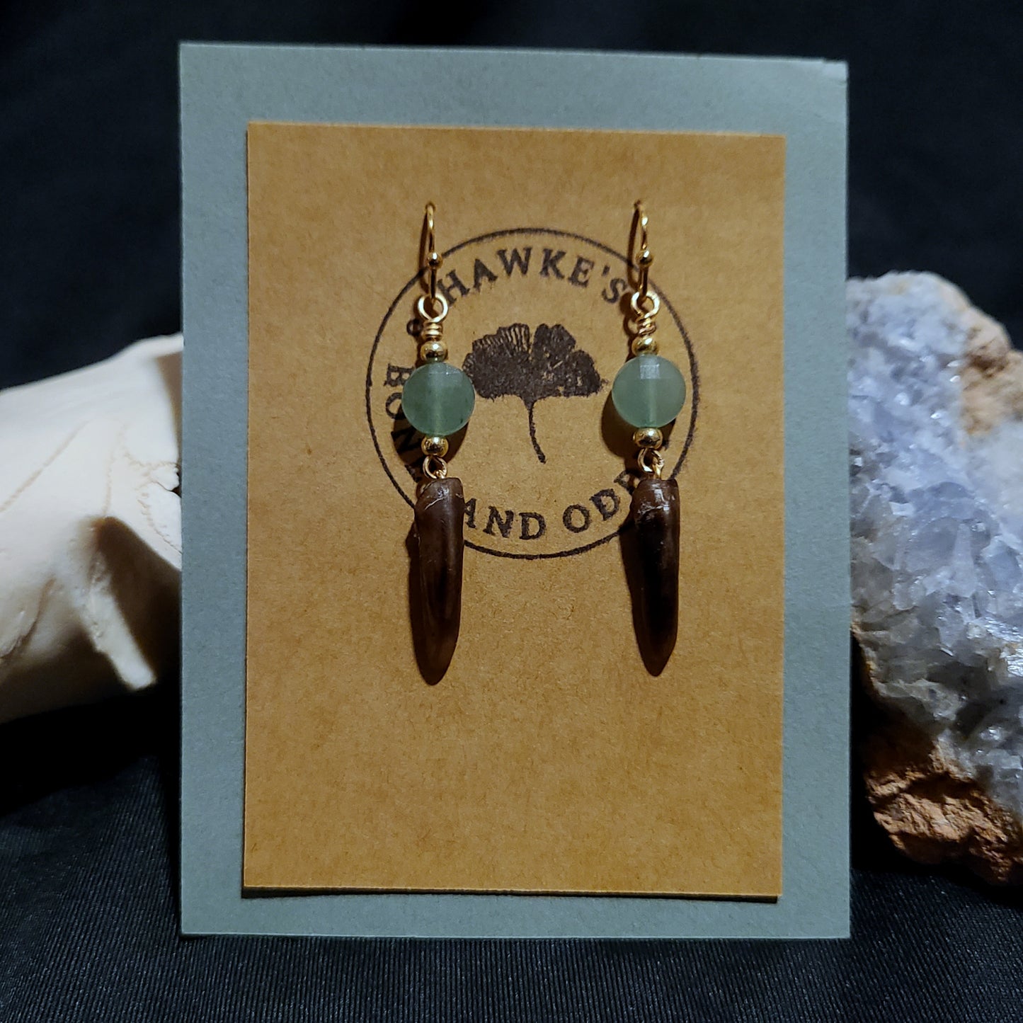 Beaver Claw and Aventurine Dangle Earrings