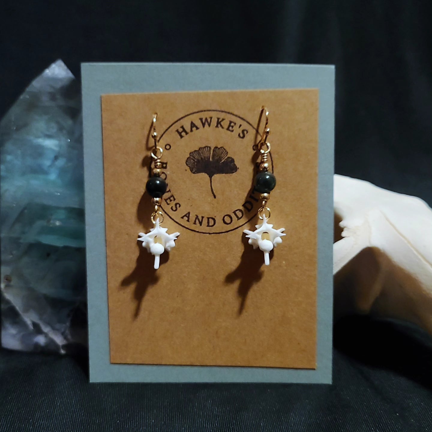 Rattlesnake Vertebrae and Moss Agate Dangle Earrings