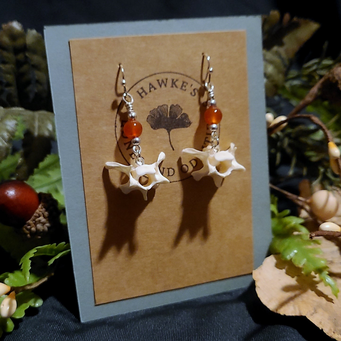 Mink Vertebrae and Carnelian Dangle Earrings
