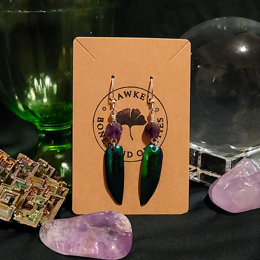 Jewel Beetle Wing and Amethyst Earrings