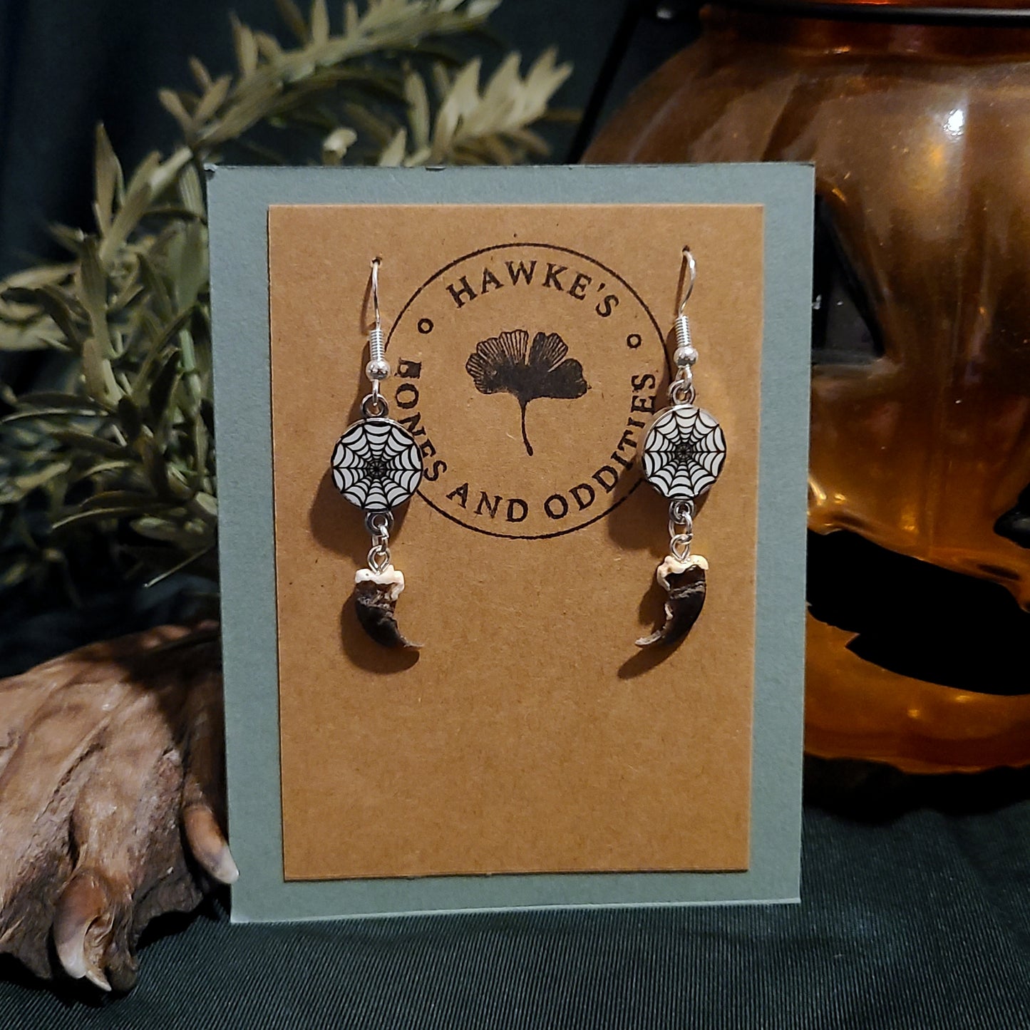 Raccoon Claw and Spider Web Dangle Earrings
