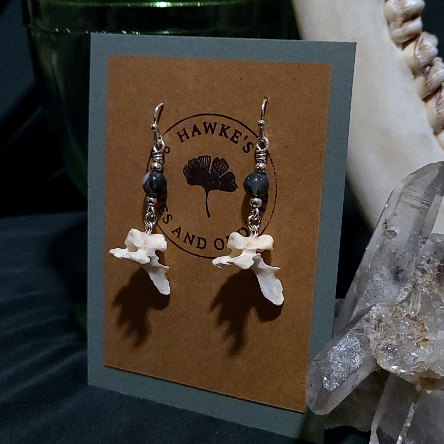 Mink Vertebrae and Moss Agate Dangle Earrings