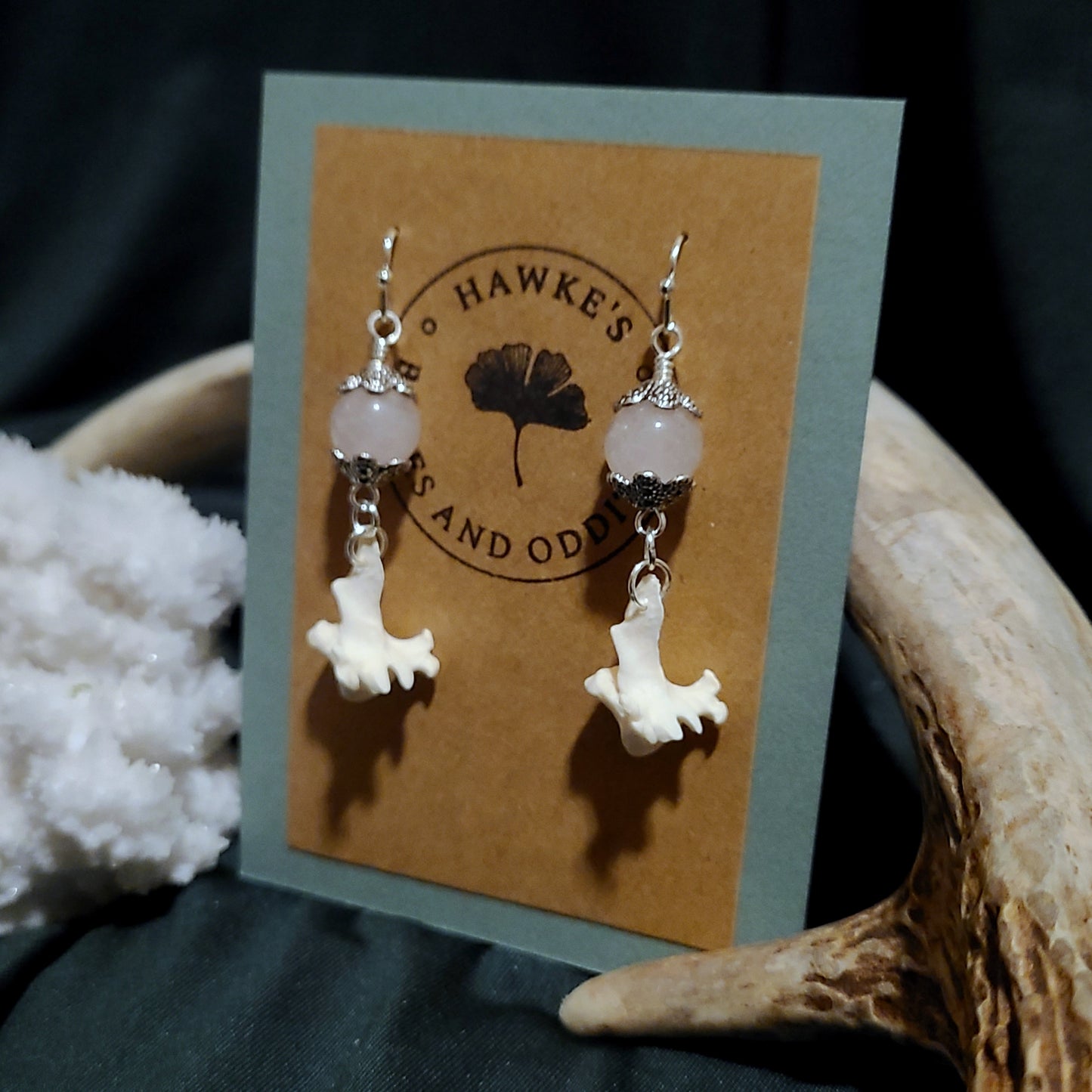 Mink Vertebrae and Rose Quartz Dangle Earrings