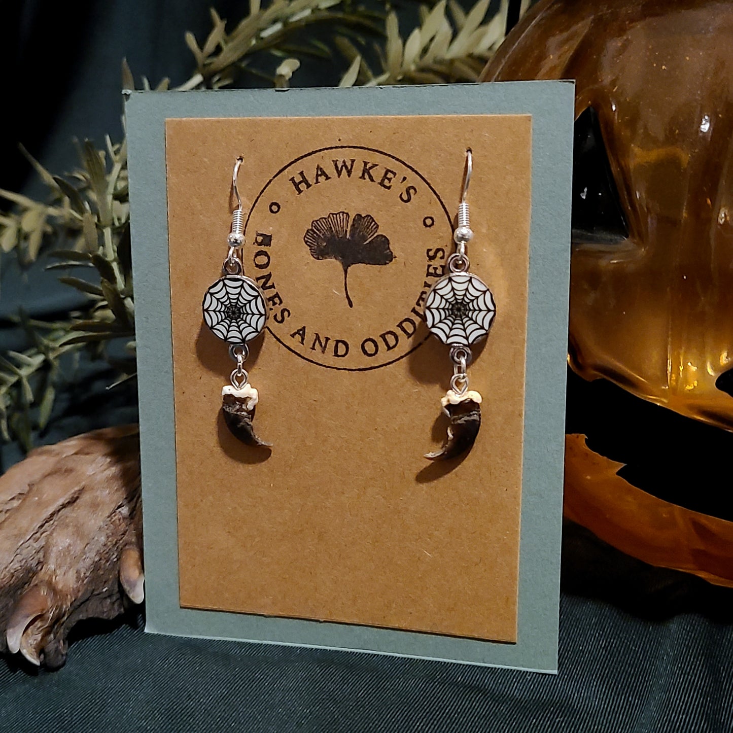 Raccoon Claw and Spider Web Dangle Earrings