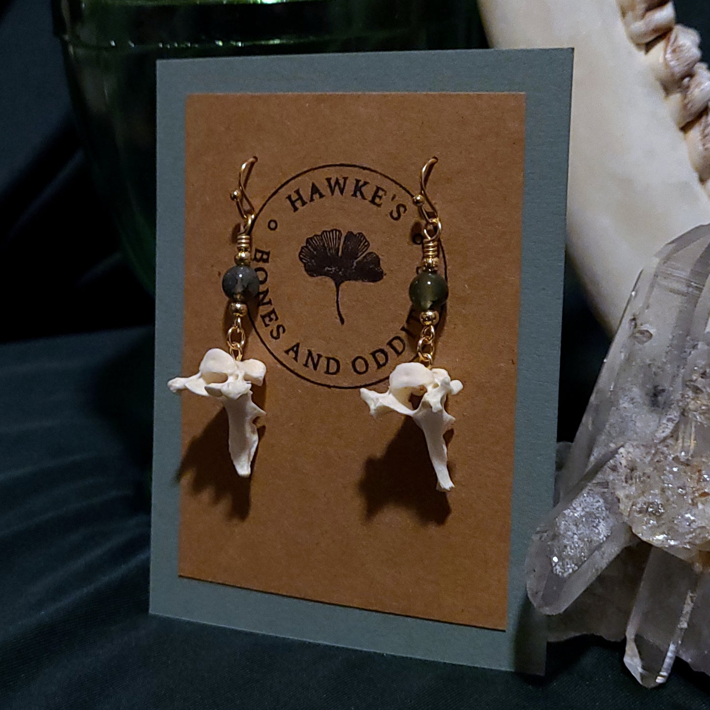 Mink Vertebrae and Moss Agate Dangle Earrings