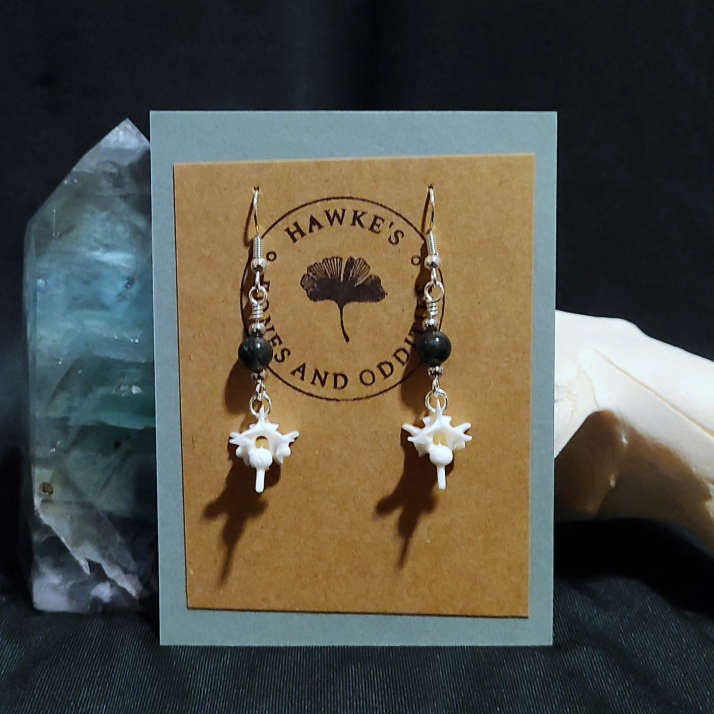 Rattlesnake Vertebrae and Moss Agate Dangle Earrings