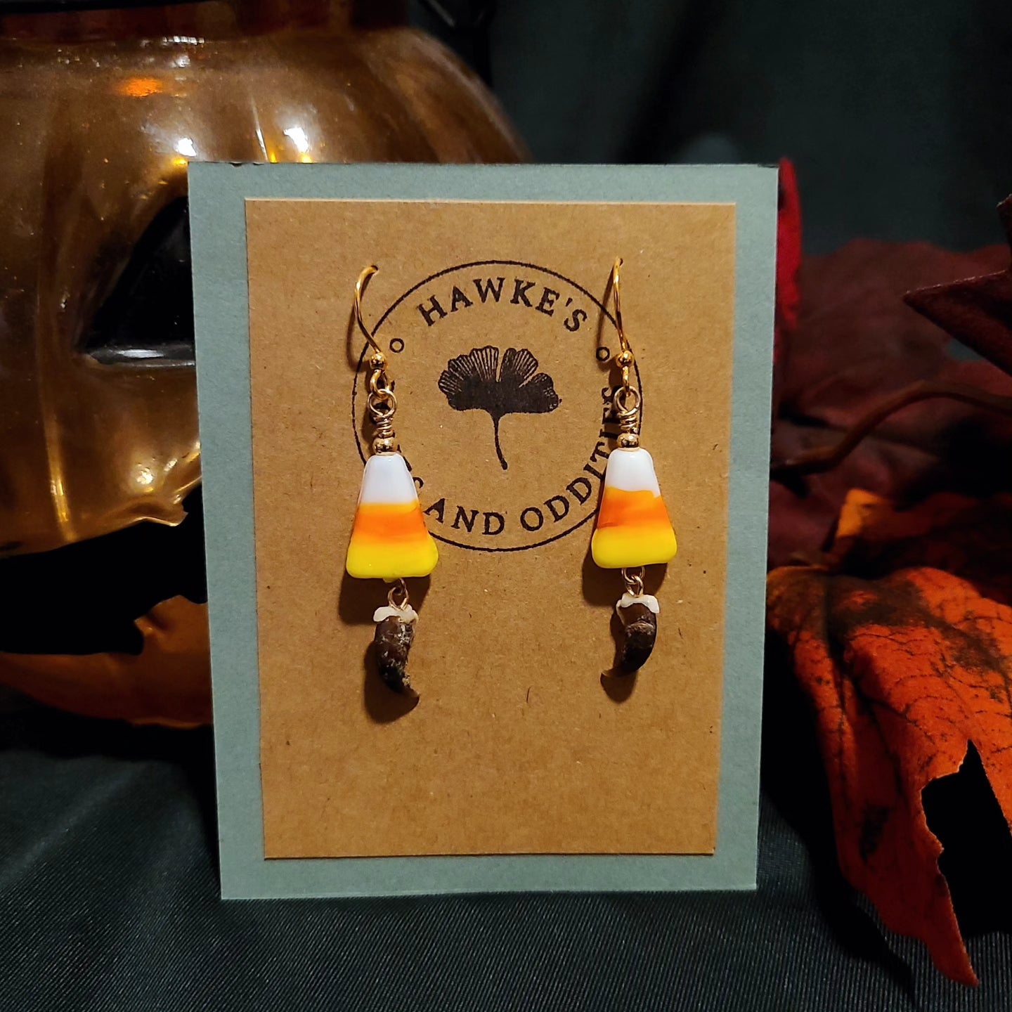 Raccoon Claw and Candy Corn Dangle Earrings
