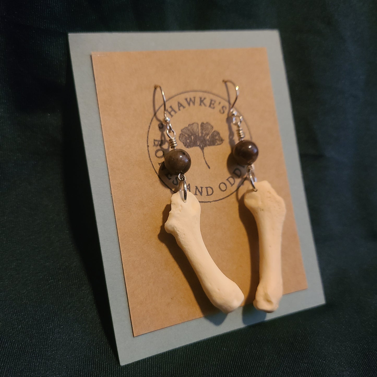 Beaver Toe Bone and Petrified Wood Dangle Earrings