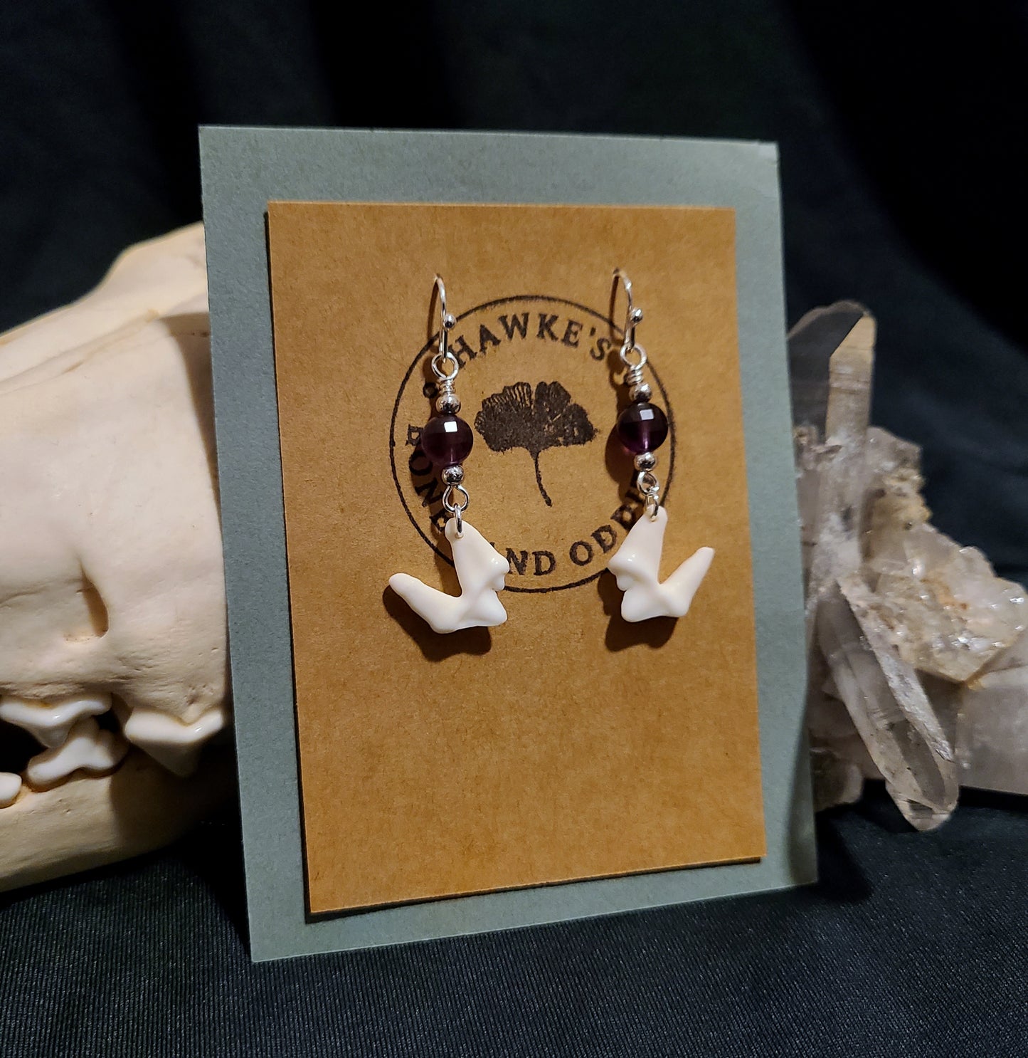 Coyote Teeth and Amethyst Dangle Earrings