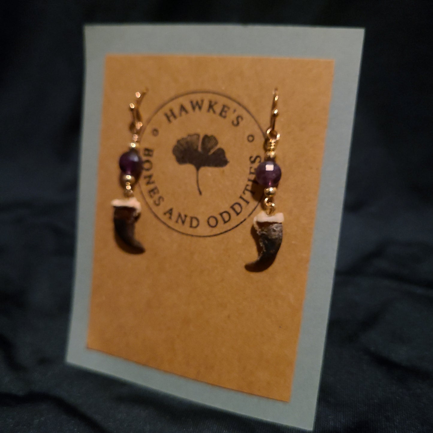 Raccoon Claw and Amethyst Dangle Earrings